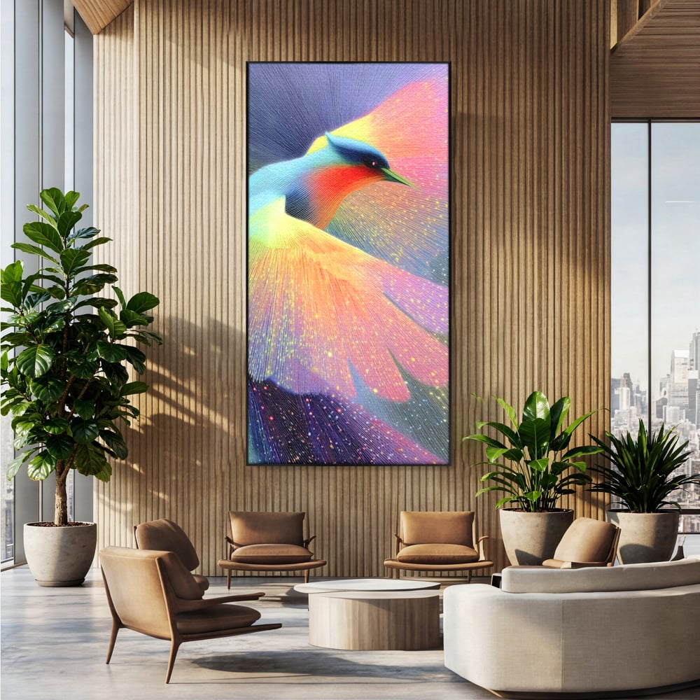 Tablou canvas cu tablou canvas cu pasare colorata in zbor, in rama de aluminiu negru, pe perete intr-un birou